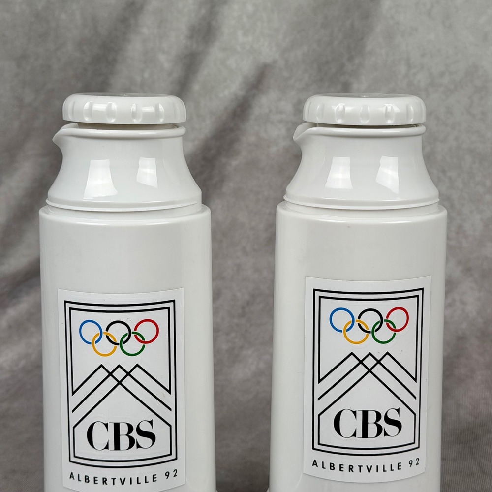 Vintage CBS Sports Albertville 1992 Winter Olympics Thermos Set of 2 White Black - Picture 3 of 16